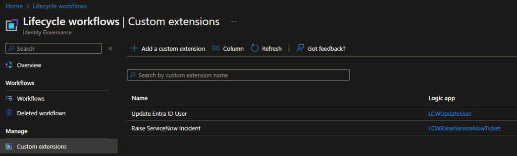 Screenshot of Lifecycle workflows custom extensions